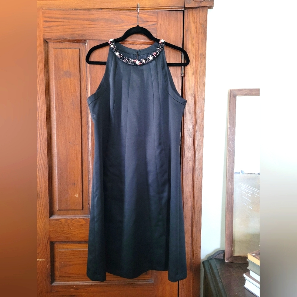 Kay Unger Beaded Neck Racer Back Satin Dress